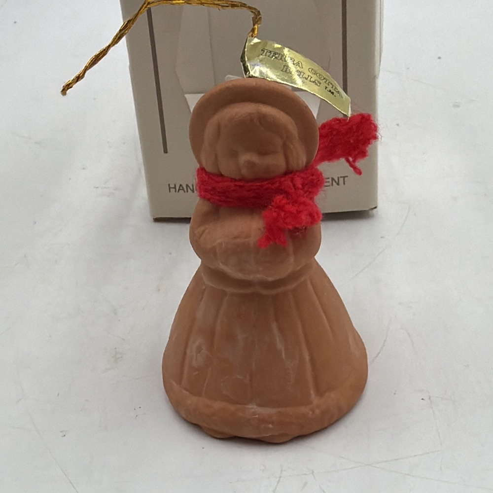 Vintage 1970s Jasco Terracotta Girl Bell Christmas Ornament New In Box With Tag